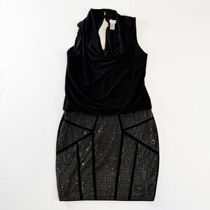 Vintage Cache | Black Dress | Cowl Neck Sleeveless | Jewel Pewter Skirt | Sz 10